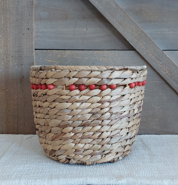 10.25" x 7.75" Water Hyacinith Basket w/ Red Bead Detail