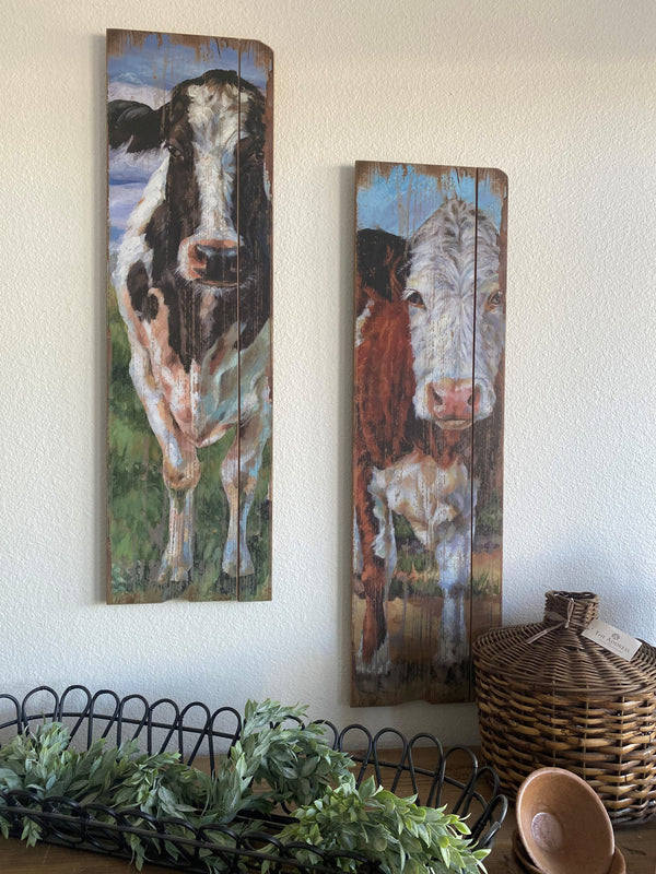 cow cows farm animal animals farms black white brown wall hanging art wood slat 