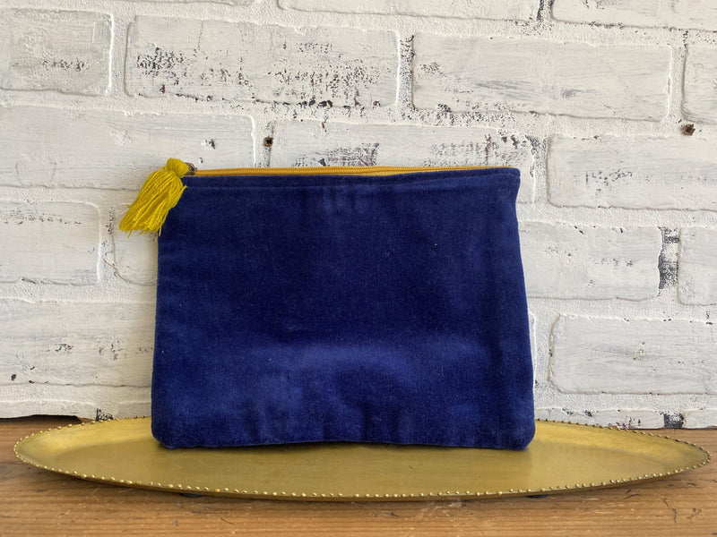 purse zipper zip pouch bag blue tassel cotton velvet