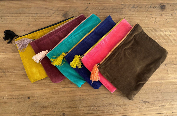 purse zipper zip pouch bag brown pink blue teal purple maroon yellow mustard tassel cotton velvet 