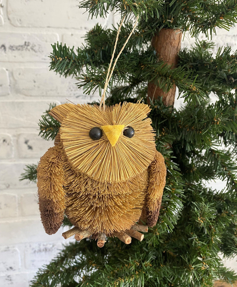 christmas holiday xmas ornament owl bird sisal bottle brush wood felt hang hanging tree trimming trimmings