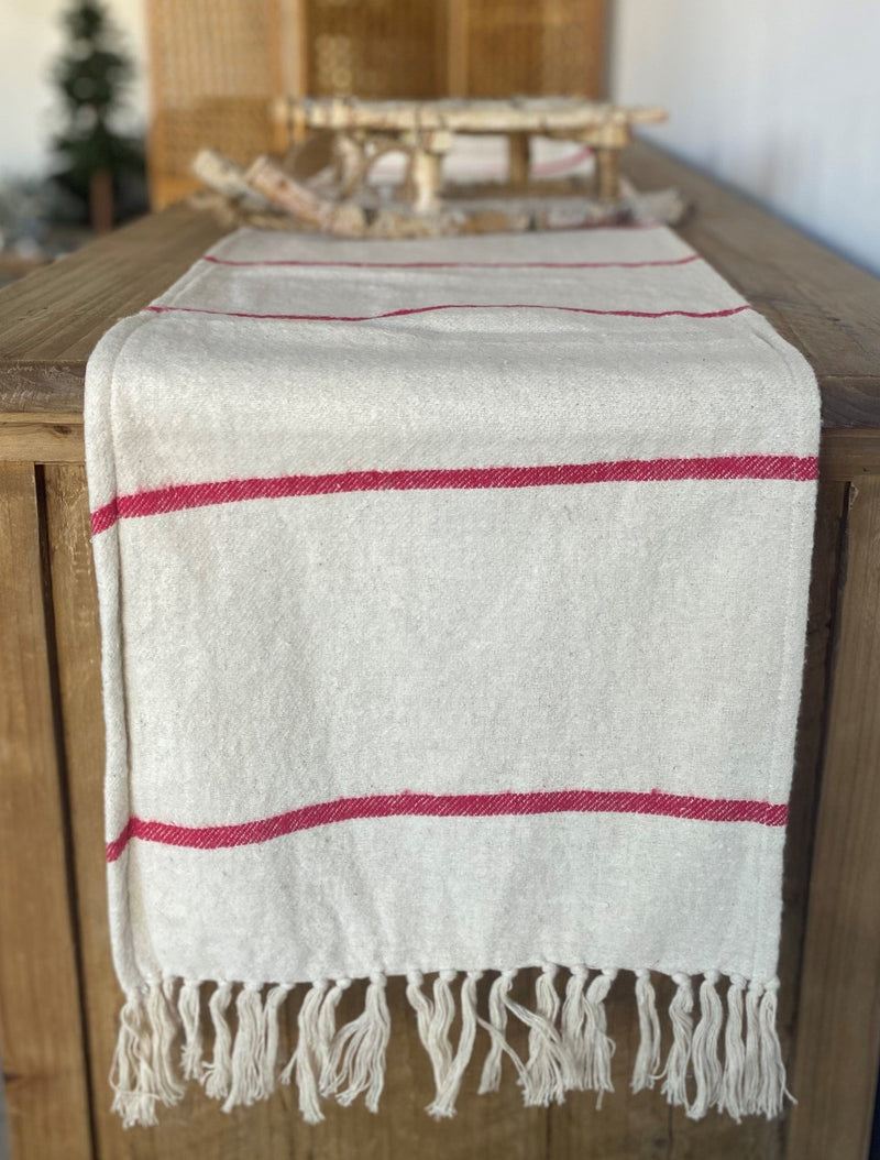 christmas holiday decor tabletop table runner flannel fringe red cream white cotton 
