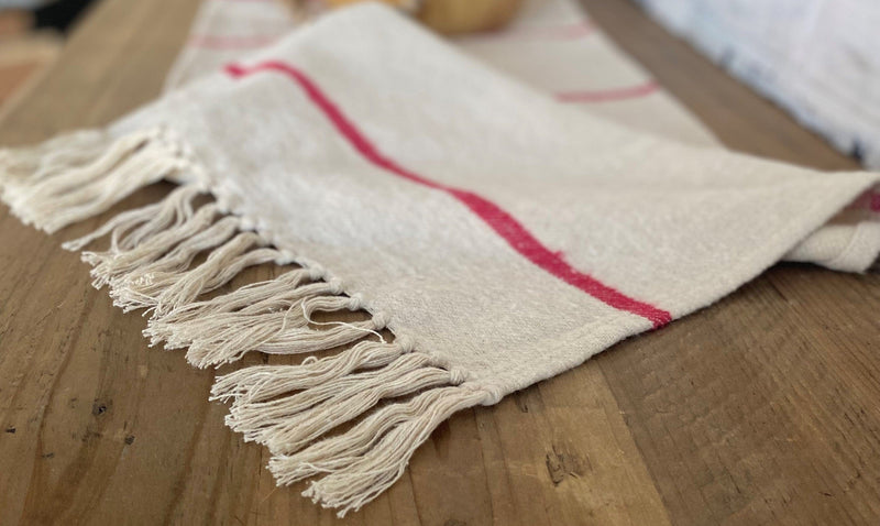 christmas holiday decor tabletop table runner flannel fringe red cream white cotton