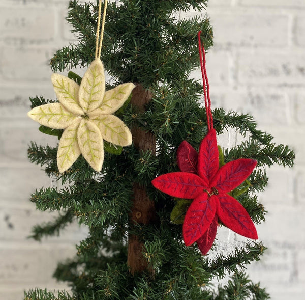 christmas holiday ornament trimmings trimming flower poinsettia hanging hang tree red white 