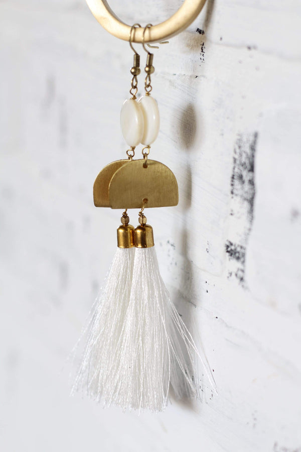 brass halfmoon earrings with white tassel with shell
