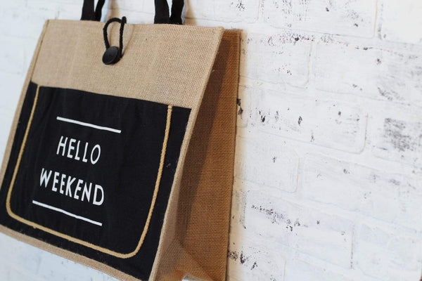 "Hello Weekend" Jute Tote Black Accents Button Closure