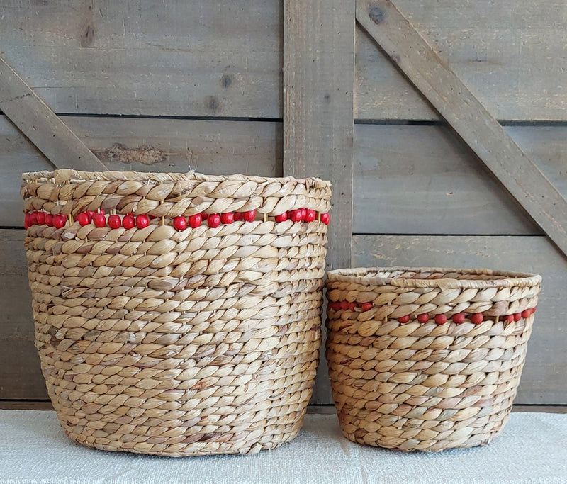 13.25" x 11.75" Water Hyacinith Basket w/ Red Bead Detail