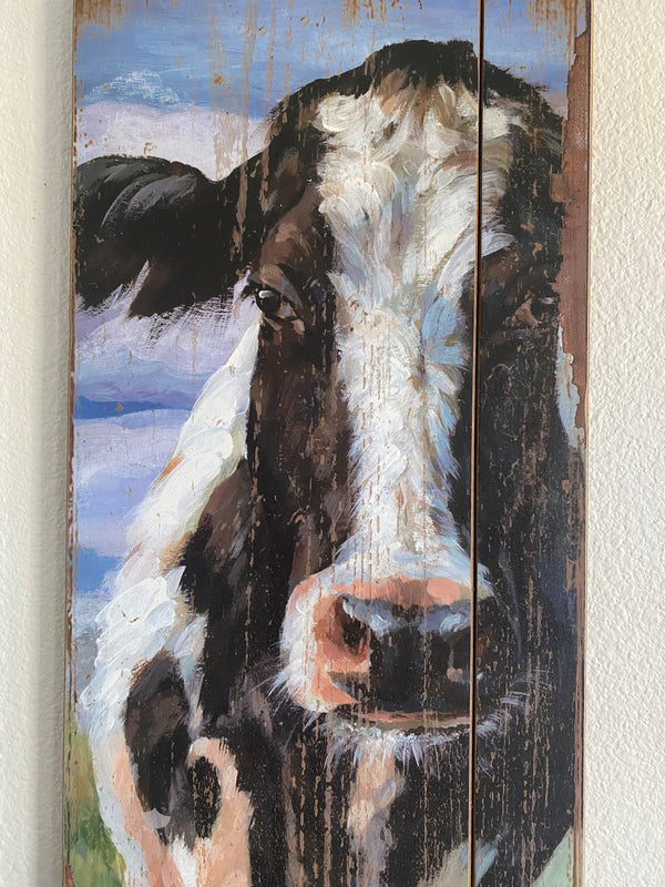 cow cows farm animal animals farms black white brown wall hanging art wood slat