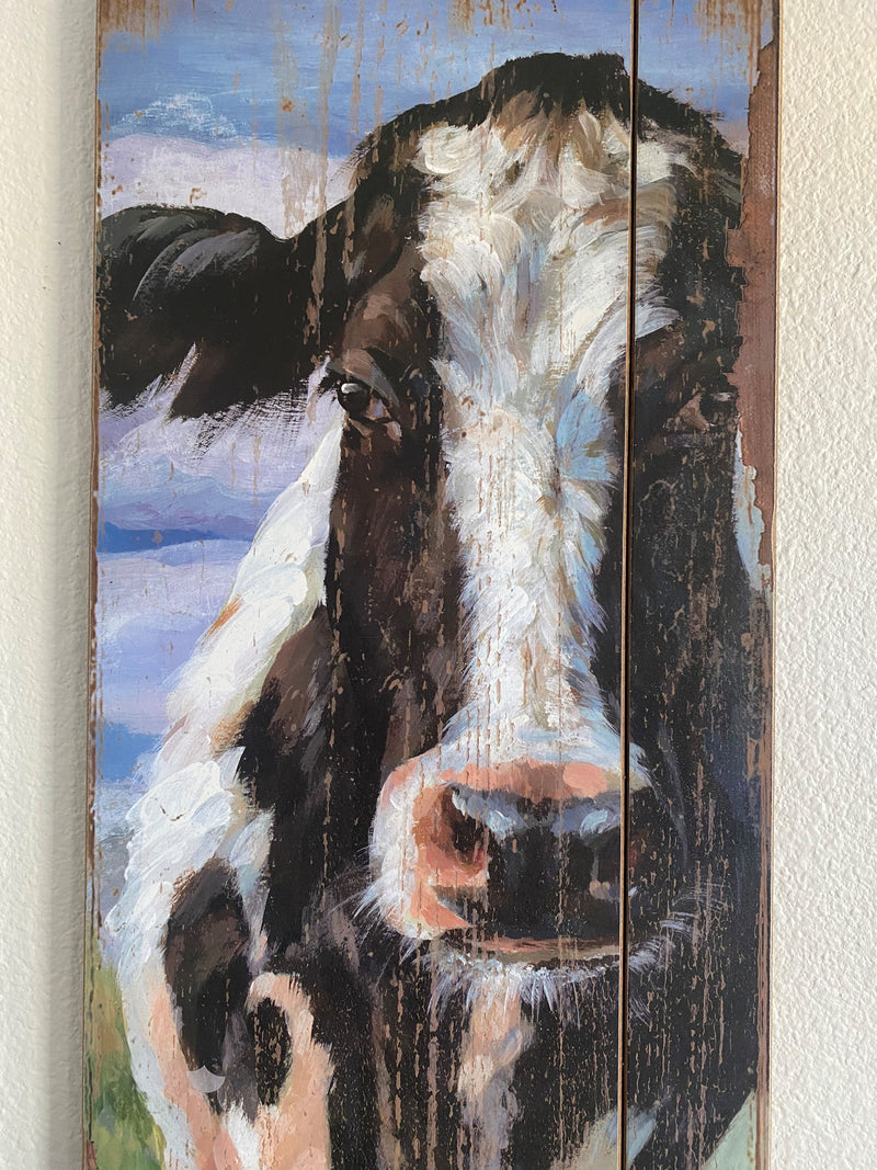 cow cows farm animal animals farms black white brown wall hanging art wood slat