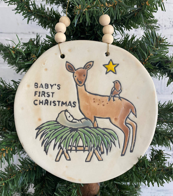 christmas holiday ornament baby first baby's deer bird manger star hanging beads hang handmade round stoneware