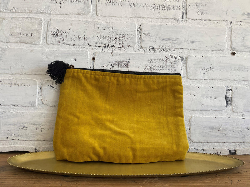 purse zipper zip pouch bag yellow mustard tassel cotton velvet