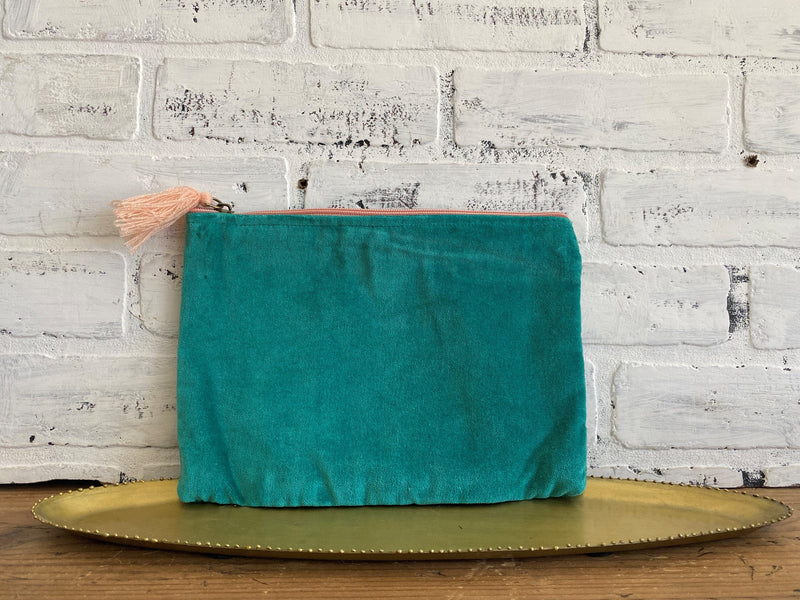 purse zipper zip pouch bag green teal tassel cotton velvet