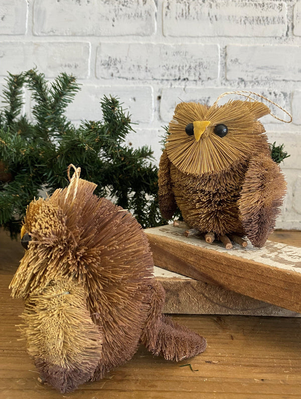 christmas holiday xmas ornament owl bird sisal bottle brush wood felt hang hanging tree trimming trimmings