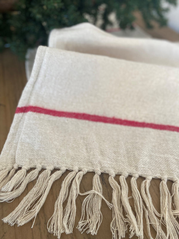 christmas holiday decor tabletop table runner flannel fringe red cream white cotton