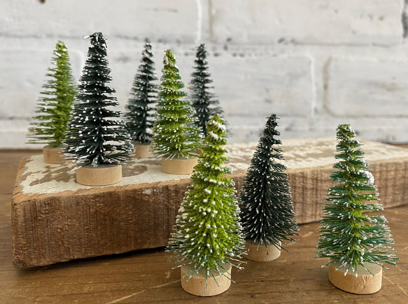 christmas holiday festive tree trees flocked snow mini sisal bottle brush wood decor
