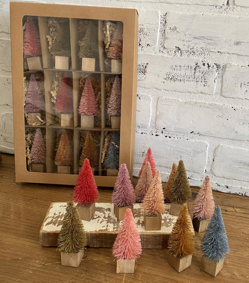 christmas holiday boho trees sisal bottle brush assorted colors pink blue yellow brown red green orange wood 