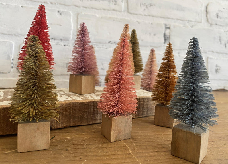 christmas holiday boho trees sisal bottle brush assorted colors pink blue yellow brown red green orange wood