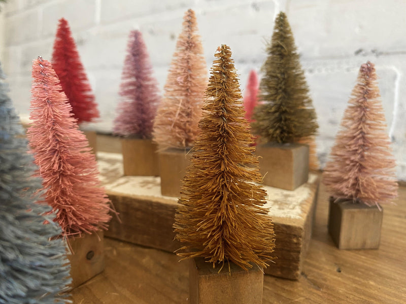 christmas holiday boho trees sisal bottle brush assorted colors pink blue yellow brown red green orange wood