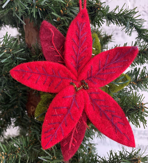 christmas holiday decor flower poinsettia red ornament wool felt hang hanging tree trimming trimmings trees ornaments 