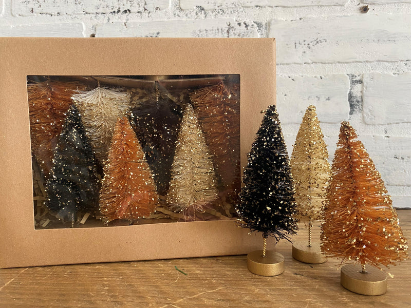 christmas holiday trees tree boxed gift orange cream black glitter festive sisaal bottle brush gold