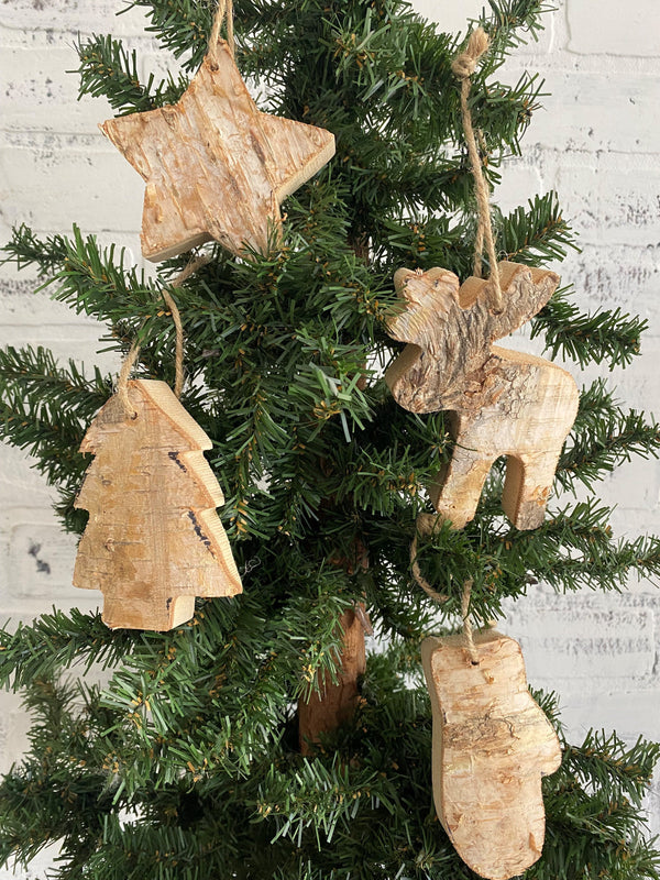 christmas holiday tree trees ornament ornaments birch wood star moose mitten cabin twine 