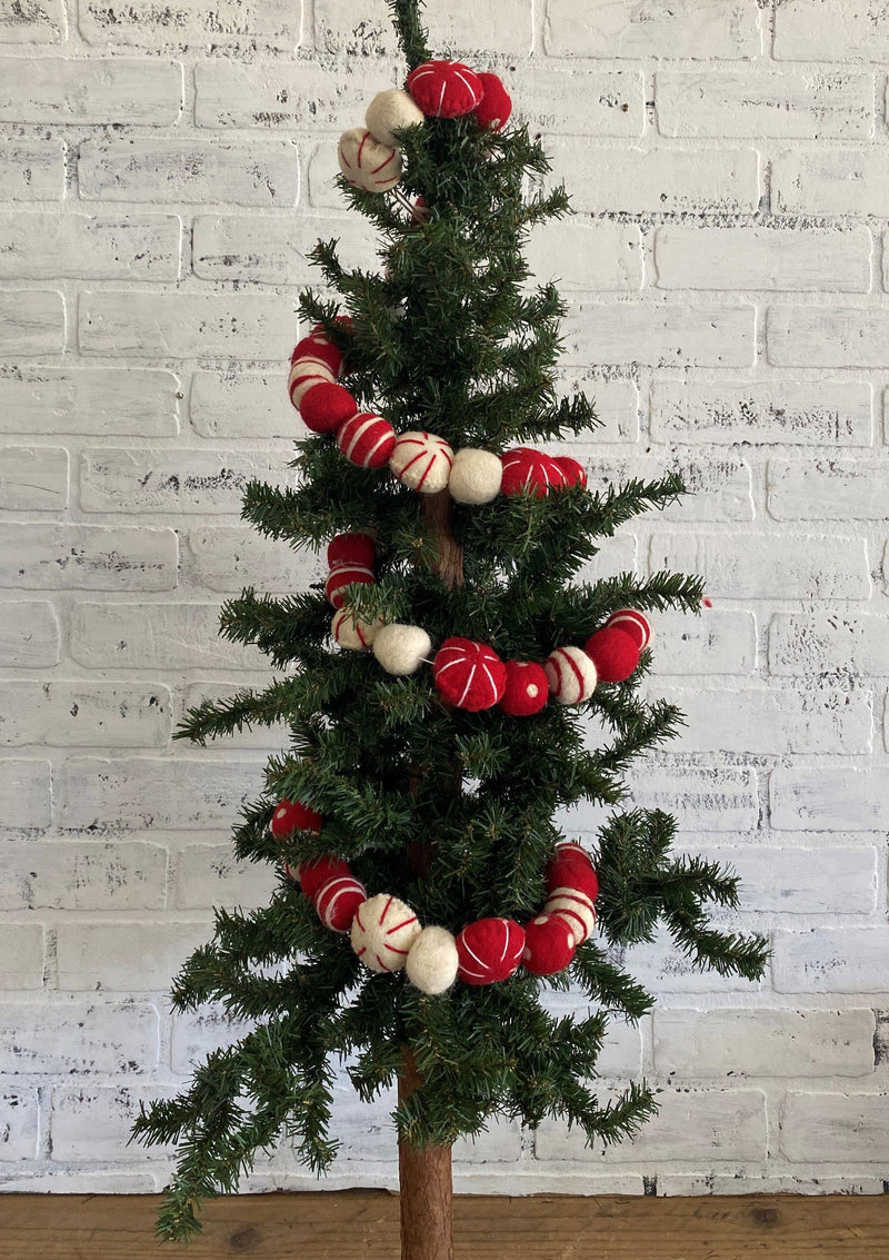 christmas xmas holiday event decor red white cream stripe polka dot garland trimming trimmings ball felt wool hang drape tree