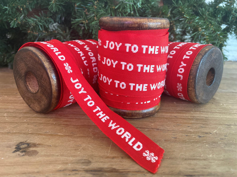 Christmas ribbon red white joy to the world gift wrapping holiday spool wood 