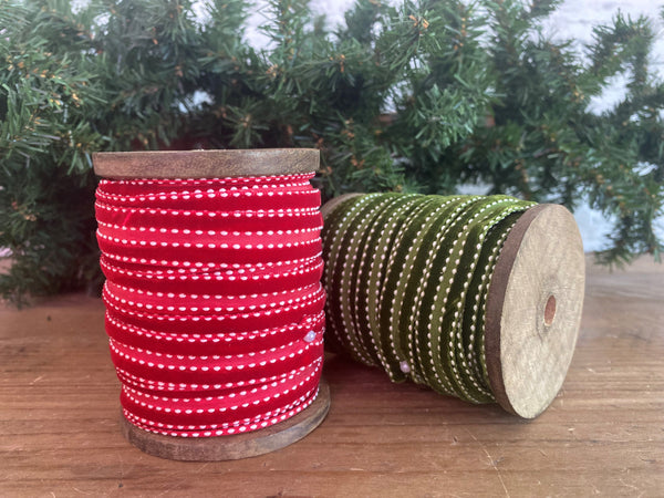 christmas holiday present gift wrapping ribbon bow green red spool wood velvet 