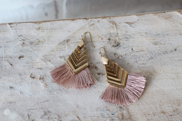 Gold Chevron Blush Tassel Hammered Drape Tassel Earrings Costume Jewelry Fashion Accessories Womens Spring Summer Fashion and Style Earrings for Night Out Cocktail Style Accessory