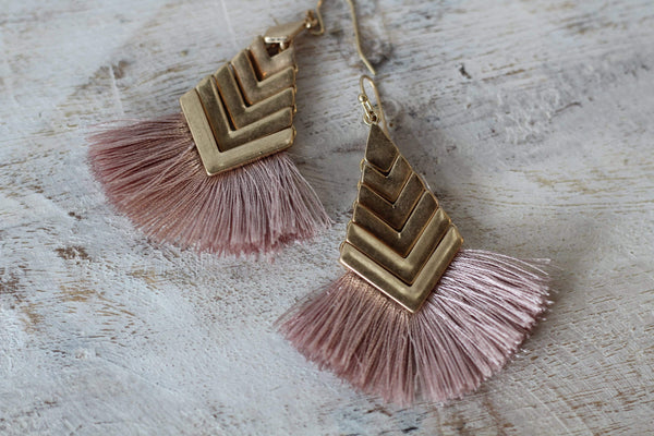 Gold Chevron Blush Tassel Hammered Drape Tassel Earrings Costume Jewelry Fashion Accessories Womens Spring Summer Fashion and Style Earrings for Night Out Cocktail Style Accessory