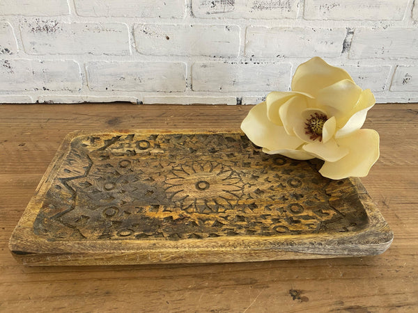 mango wood hand carved rectangle floral botanical tray décor natural