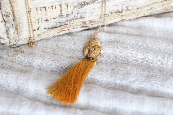 Gold Mustard Tassel Necklace with Stone