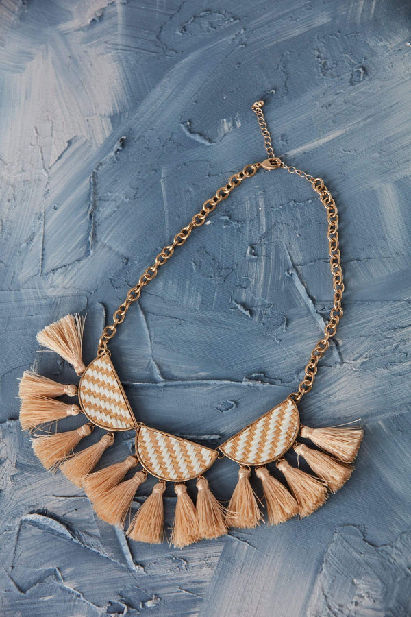Natural and White Woven Statement Necklace with Tassels Gold Chain