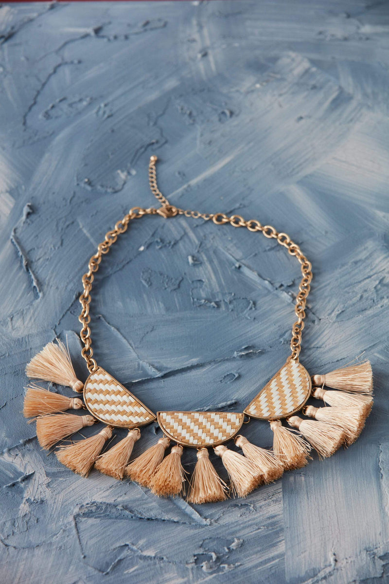 Natural and White Woven Statement Necklace with Tassels Gold Chain