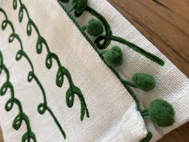 christmas tea towel hand holiday decor green white pom pom poms