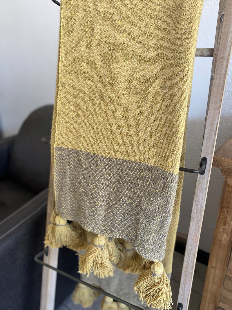 throw recycled cotton blend mustard yellow grey tassels blanket