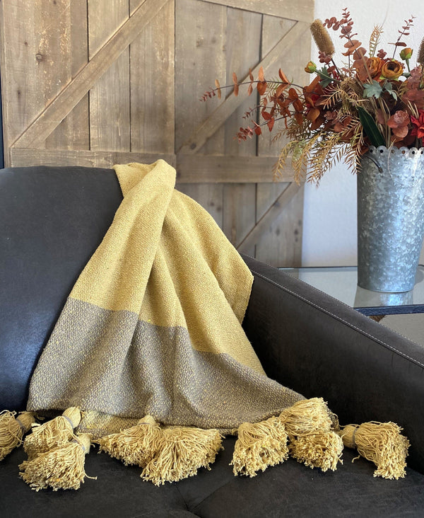 throw recycled cotton blend mustard yellow grey tassels blanket