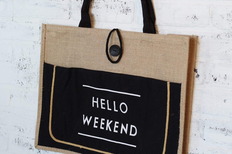 "Hello Weekend" Jute Tote Black Accents Button Closure