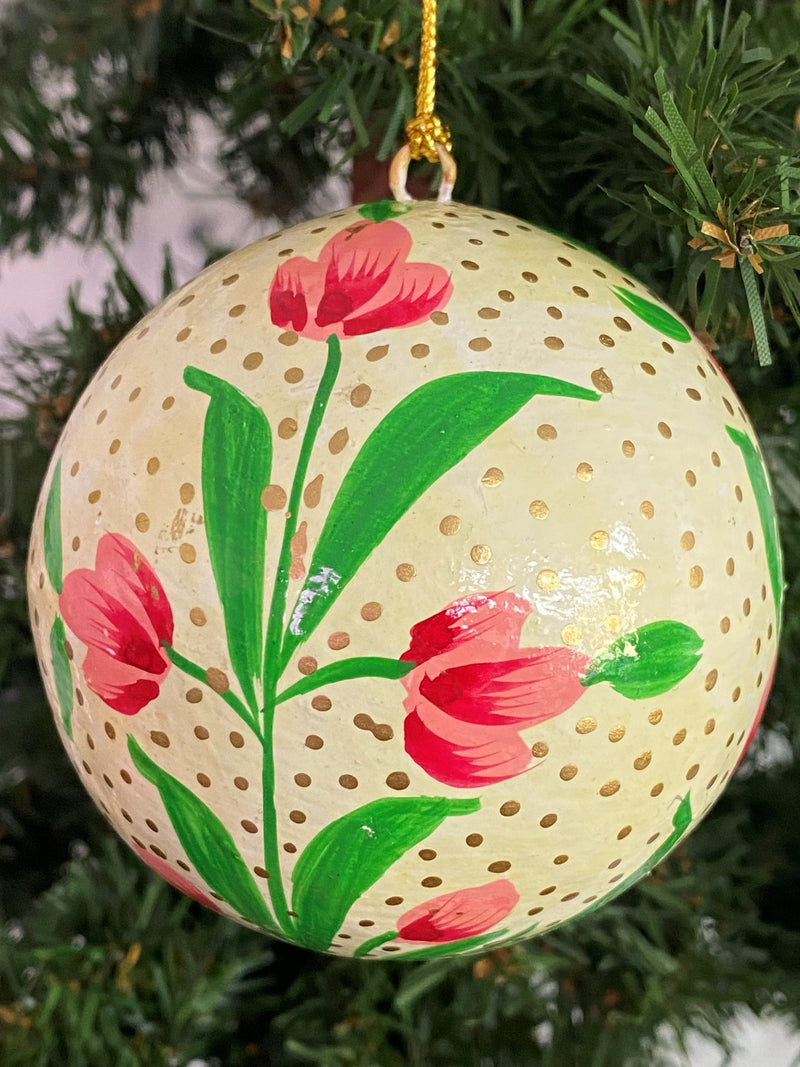 christmas holiday decor ornament floral flower pink white cream gold green paper mache hand painted