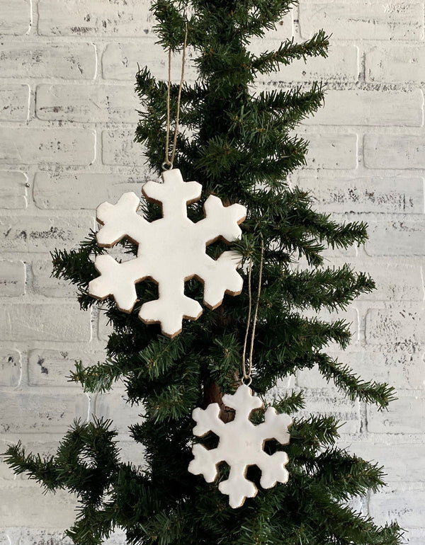 christmas holiday ornament white snowflake mango wood jute 