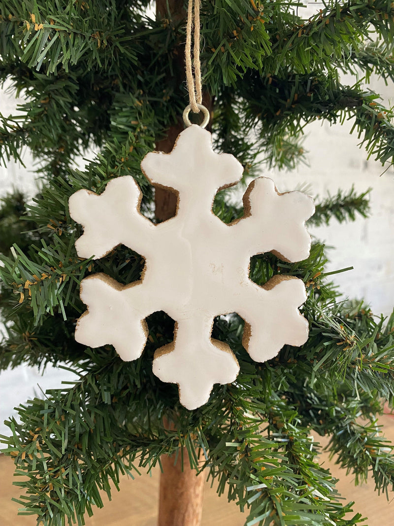 christmas holiday snowflake white mango wood jute ornament