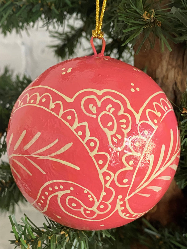 christmas holiday decor ornament floral flower pink white cream red paper mache hand painted