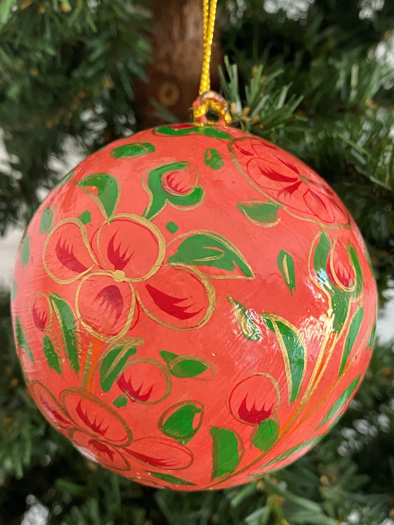 christmas holiday decor ornament floral flower coral white cream gold red green paper mache hand painted